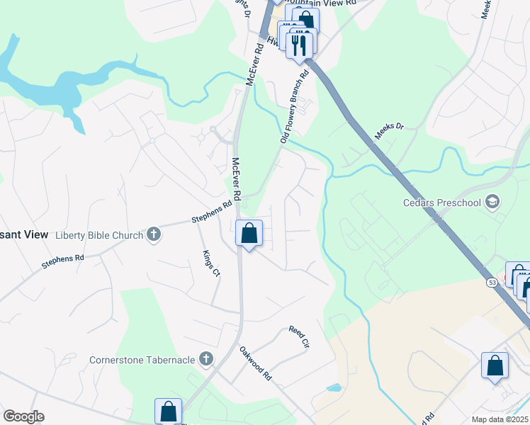 map of restaurants, bars, coffee shops, grocery stores, and more near 4565 Bishops Lane in Oakwood