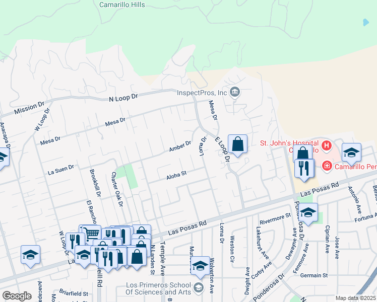 map of restaurants, bars, coffee shops, grocery stores, and more near 374 Paradise Circle in Camarillo
