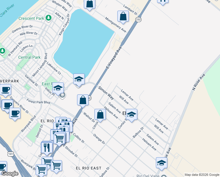 map of restaurants, bars, coffee shops, grocery stores, and more near 301 Will Avenue in Oxnard