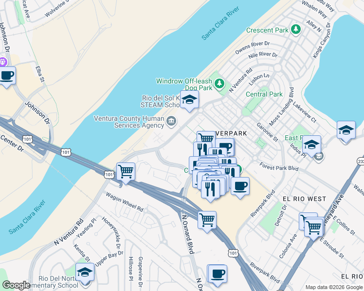 map of restaurants, bars, coffee shops, grocery stores, and more near 750 Clyde River Place in Oxnard