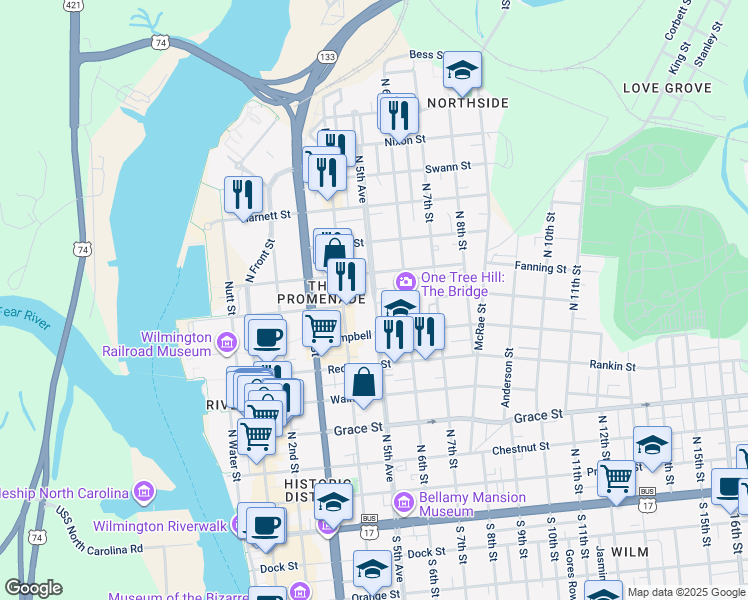 map of restaurants, bars, coffee shops, grocery stores, and more near 703 North 5th Avenue in Wilmington