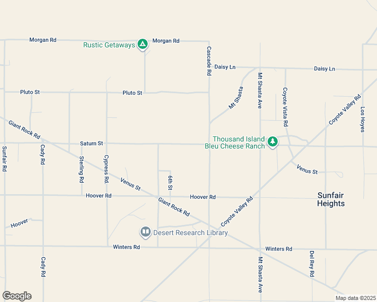 map of restaurants, bars, coffee shops, grocery stores, and more near 65645 Saturn Road in Joshua Tree