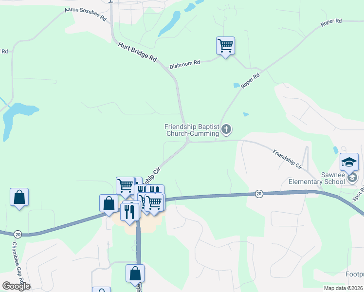 map of restaurants, bars, coffee shops, grocery stores, and more near 2420 Friendship Circle in Cumming