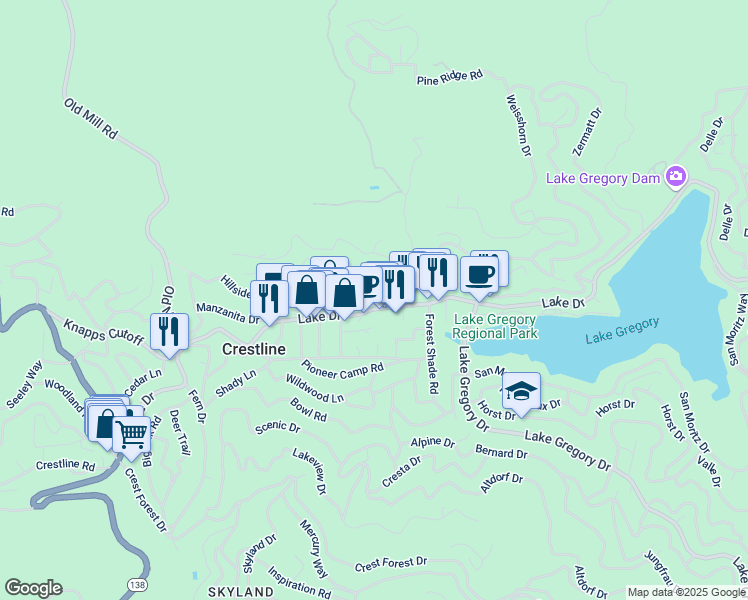 map of restaurants, bars, coffee shops, grocery stores, and more near 23972 Lake Drive in Crestline