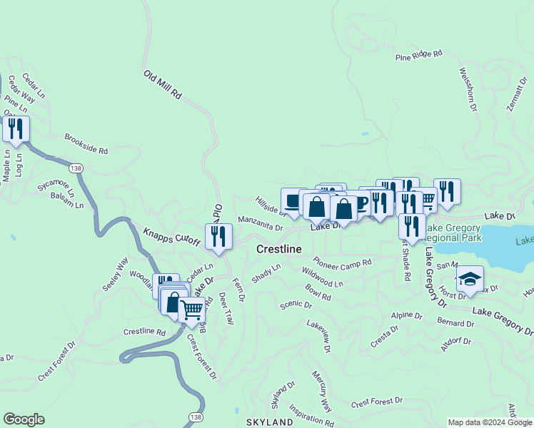 map of restaurants, bars, coffee shops, grocery stores, and more near 23697 Hillside Drive in Crestline