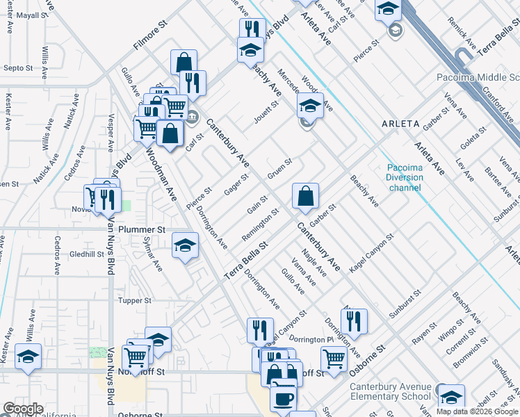 map of restaurants, bars, coffee shops, grocery stores, and more near 14130 Gain Street in Los Angeles