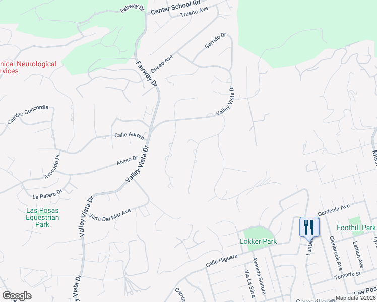 map of restaurants, bars, coffee shops, grocery stores, and more near 99 Cerro Crest Drive in Camarillo