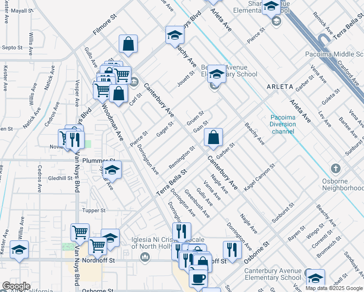 map of restaurants, bars, coffee shops, grocery stores, and more near 14130 Gain Street in Los Angeles