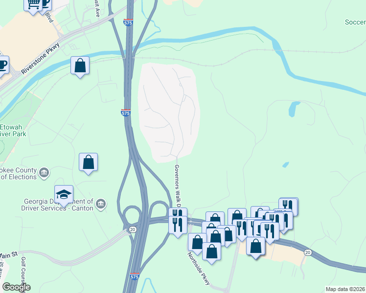 map of restaurants, bars, coffee shops, grocery stores, and more near Governors Walk Drive in Canton