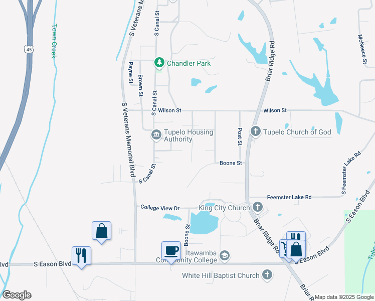 map of restaurants, bars, coffee shops, grocery stores, and more near 863-905 Hill N Dale Drive in Tupelo