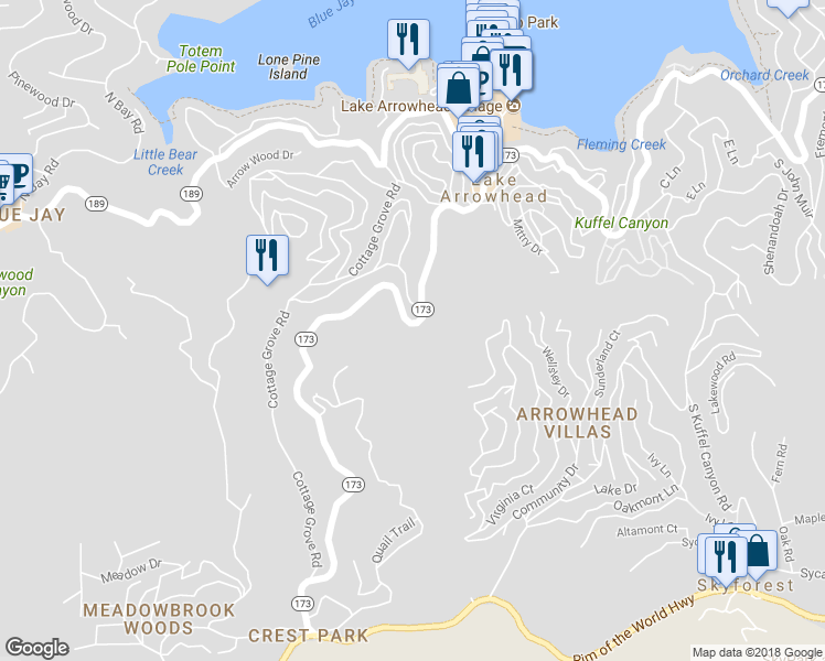 map of restaurants, bars, coffee shops, grocery stores, and more near 400 Highway 173 in Lake Arrowhead