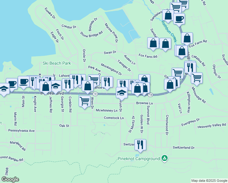 map of restaurants, bars, coffee shops, grocery stores, and more near 41656-41658 Big Bear Boulevard in Big Bear Lake