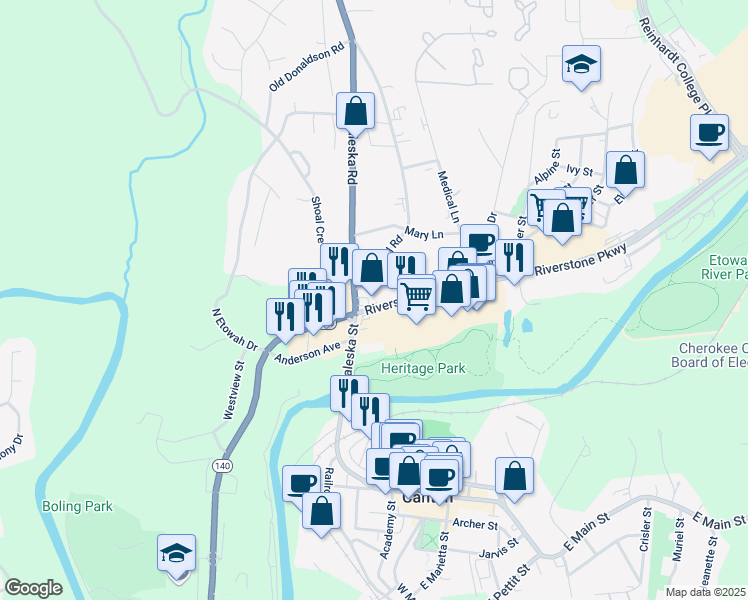 map of restaurants, bars, coffee shops, grocery stores, and more near 105 Riverstone Parkway in Canton
