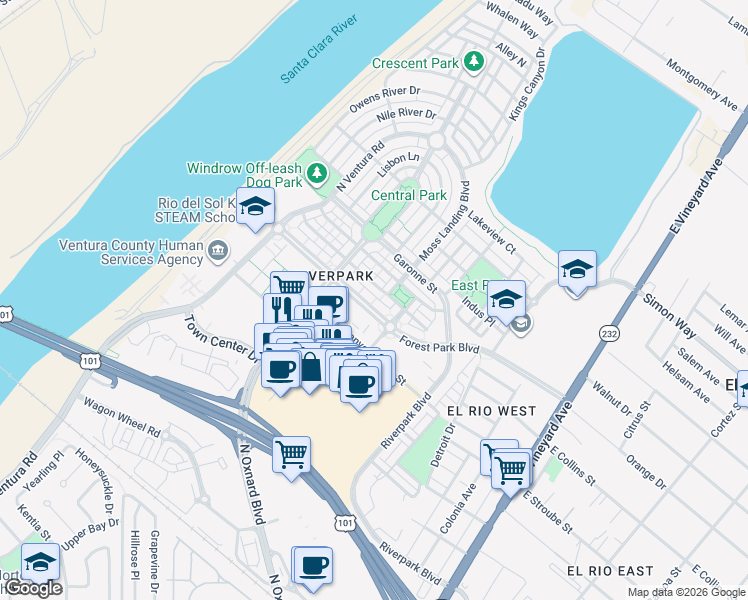 map of restaurants, bars, coffee shops, grocery stores, and more near 509 Forest Park Boulevard in Oxnard