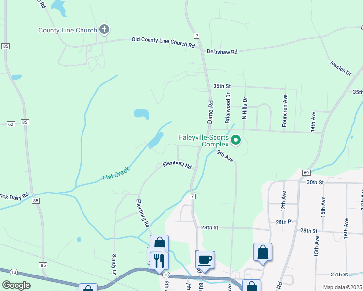 map of restaurants, bars, coffee shops, grocery stores, and more near 703 31st Street in Haleyville