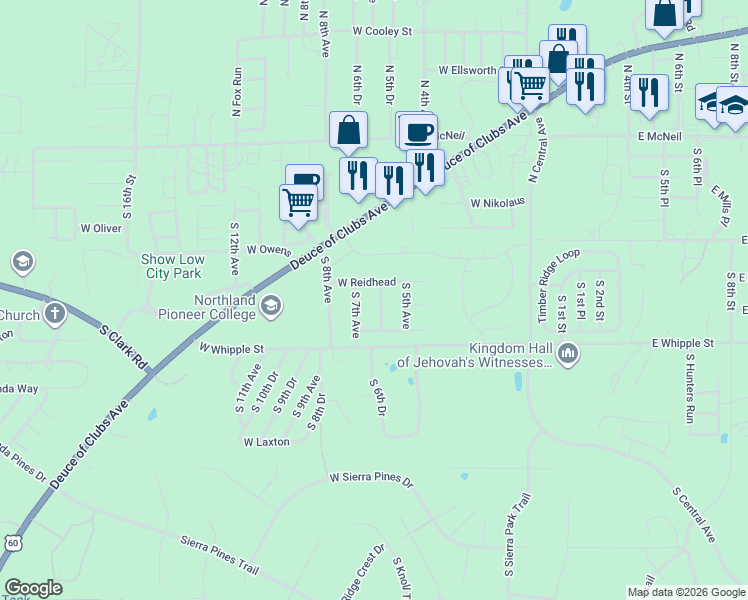 map of restaurants, bars, coffee shops, grocery stores, and more near 620 South 6th Avenue in Show Low
