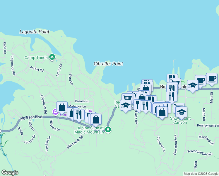 map of restaurants, bars, coffee shops, grocery stores, and more near 494 Lakeview Court in Big Bear Lake