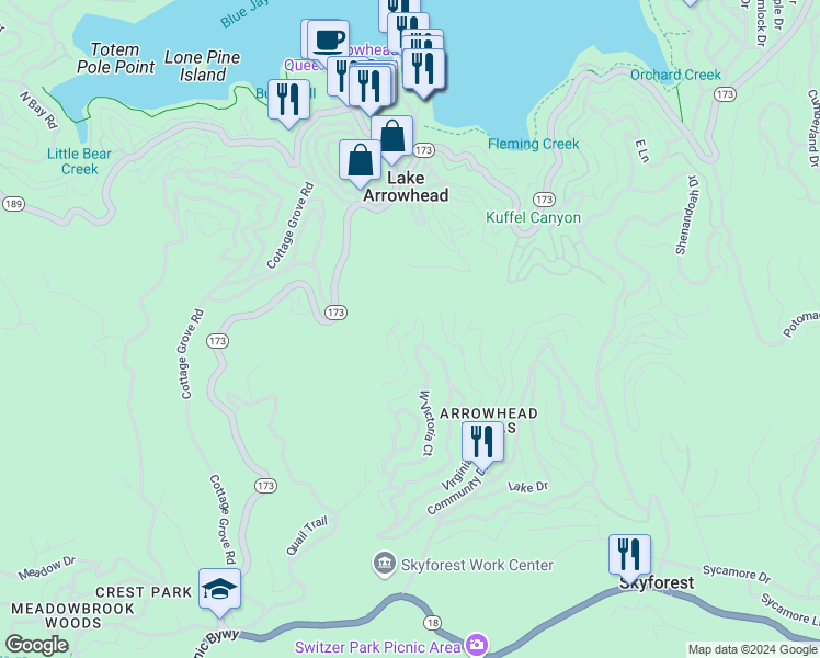 map of restaurants, bars, coffee shops, grocery stores, and more near 533 West Victoria Court in Lake Arrowhead