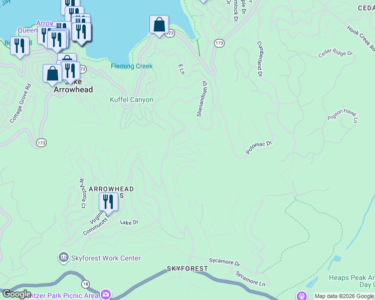 map of restaurants, bars, coffee shops, grocery stores, and more near 552 Lakewood Road in Lake Arrowhead