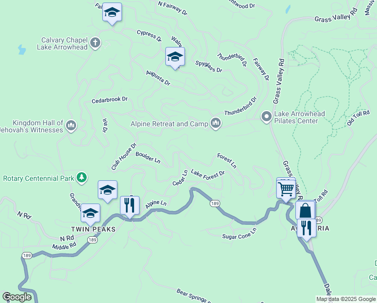 map of restaurants, bars, coffee shops, grocery stores, and more near 26364 Forest Lane in Twin Peaks