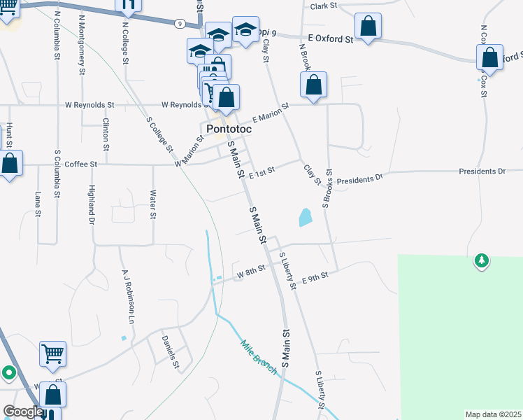 map of restaurants, bars, coffee shops, grocery stores, and more near 140 South Main Street in Pontotoc