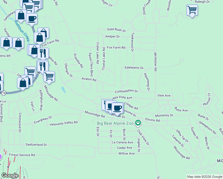 map of restaurants, bars, coffee shops, grocery stores, and more near 42614 Constellation Drive in Big Bear Lake