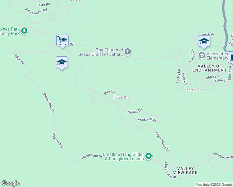 map of restaurants, bars, coffee shops, grocery stores, and more near Pine Drive in Crestline