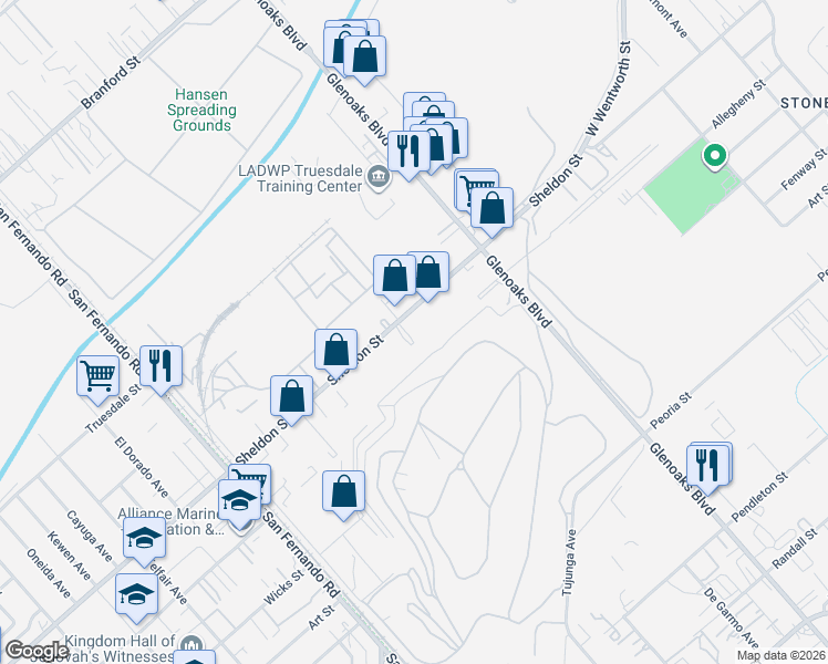 map of restaurants, bars, coffee shops, grocery stores, and more near 11686 Sheldon Street in Los Angeles