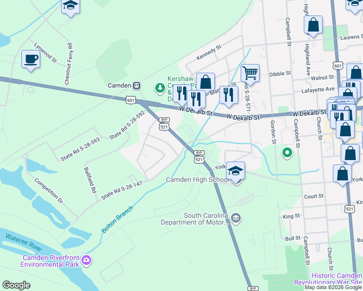 map of restaurants, bars, coffee shops, grocery stores, and more near 1201 Old River Road in Camden
