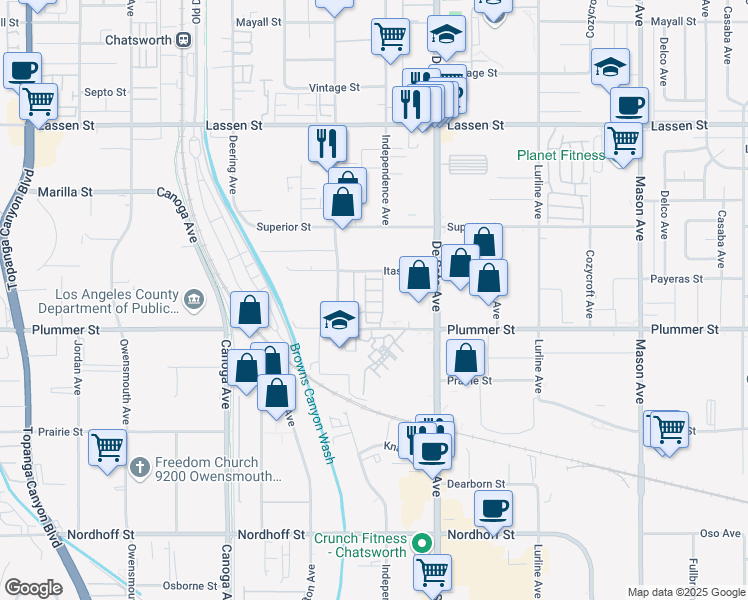 map of restaurants, bars, coffee shops, grocery stores, and more near 21001 Plummer Street in Chatsworth