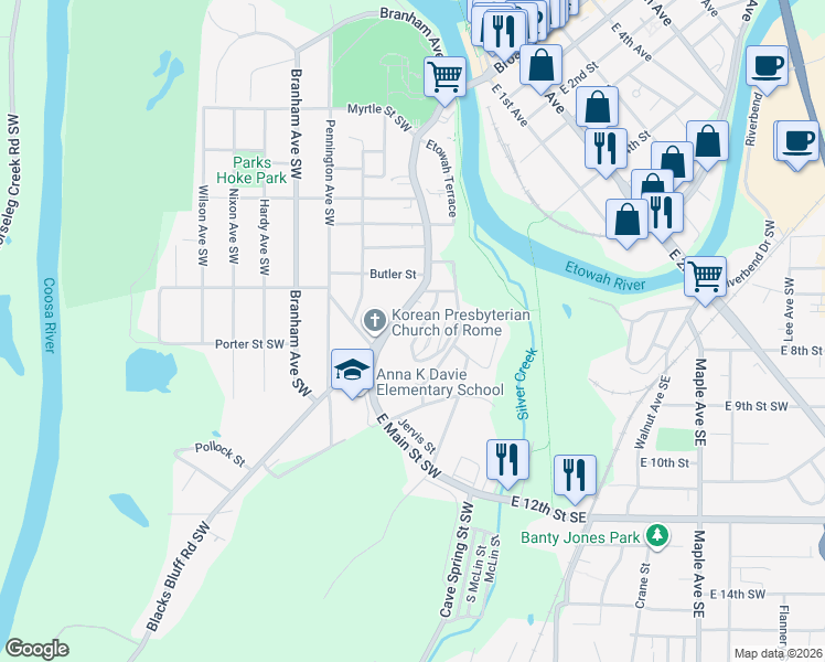 map of restaurants, bars, coffee shops, grocery stores, and more near 546 South Broad Street in Rome