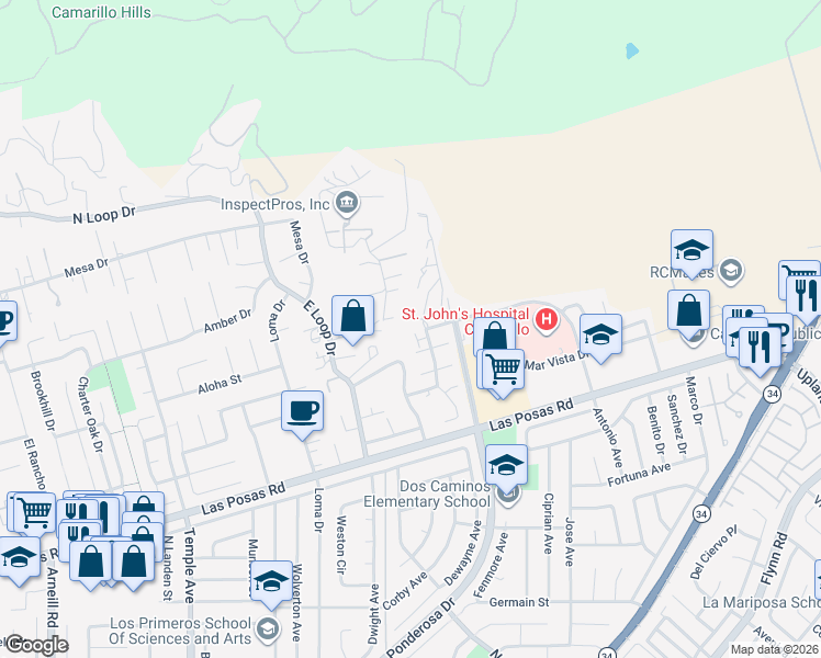 map of restaurants, bars, coffee shops, grocery stores, and more near 2469 Calle Cita in Camarillo