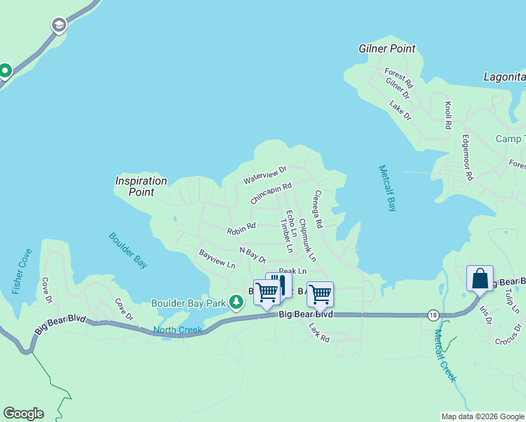 map of restaurants, bars, coffee shops, grocery stores, and more near 39161 Buckthorn Road in Big Bear Lake
