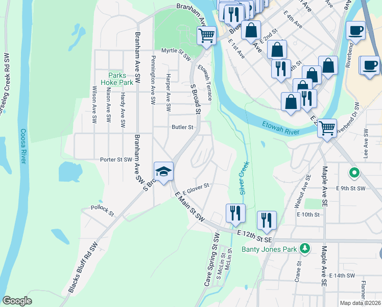 map of restaurants, bars, coffee shops, grocery stores, and more near 546 South Broad Street in Rome