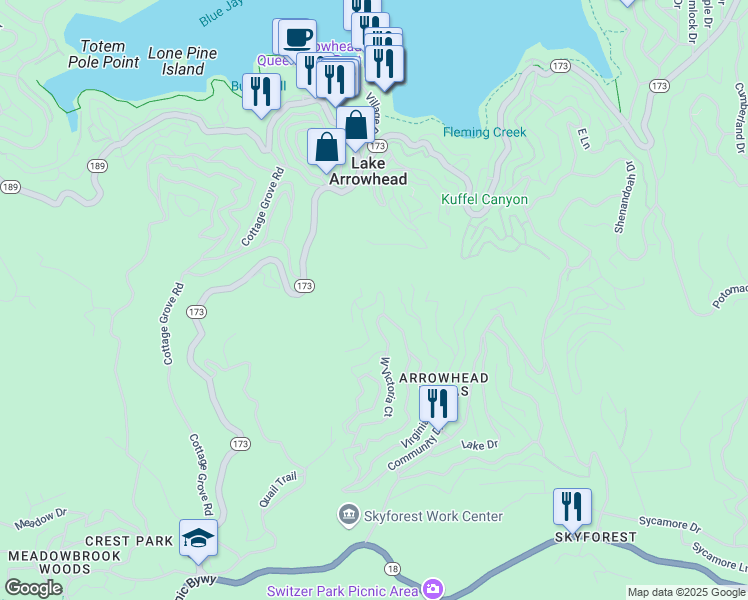 map of restaurants, bars, coffee shops, grocery stores, and more near 533 West Victoria Court in Lake Arrowhead