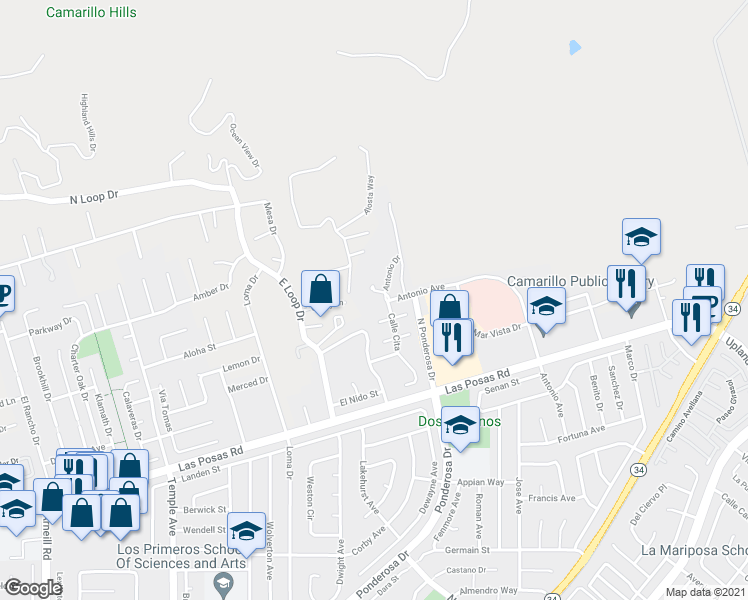 map of restaurants, bars, coffee shops, grocery stores, and more near 2533 Antonio Drive in Camarillo