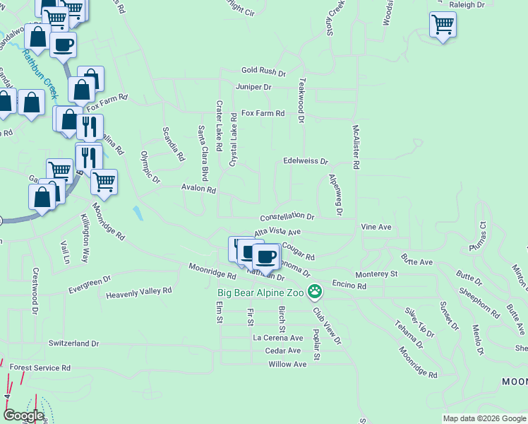 map of restaurants, bars, coffee shops, grocery stores, and more near 42614 Constellation Drive in Big Bear Lake