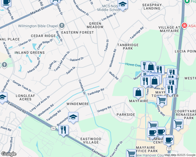 map of restaurants, bars, coffee shops, grocery stores, and more near 501 Windemere Road in Wilmington