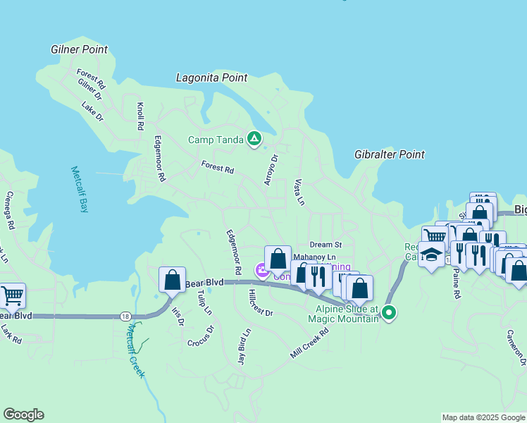 map of restaurants, bars, coffee shops, grocery stores, and more near 527 Highland Lane in Big Bear Lake