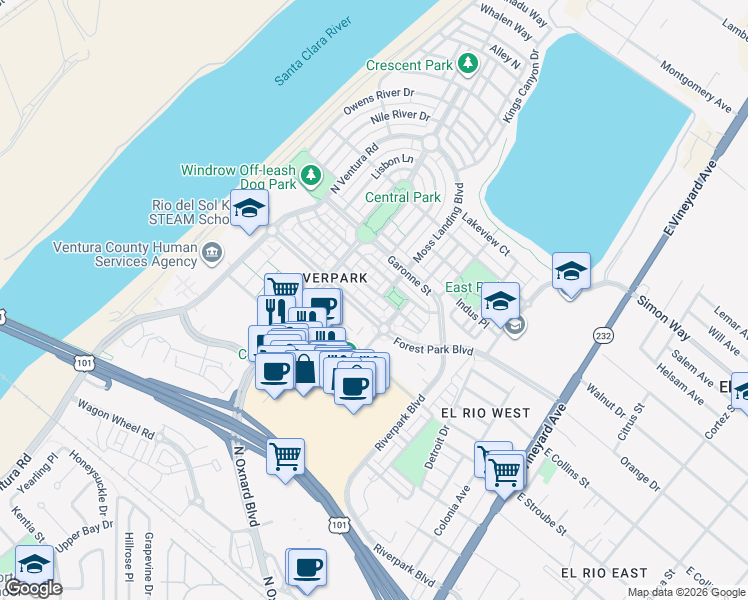 map of restaurants, bars, coffee shops, grocery stores, and more near 509 Forest Park Boulevard in Oxnard