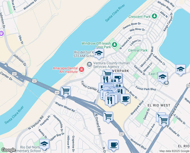 map of restaurants, bars, coffee shops, grocery stores, and more near 750 Clyde River Place in Oxnard