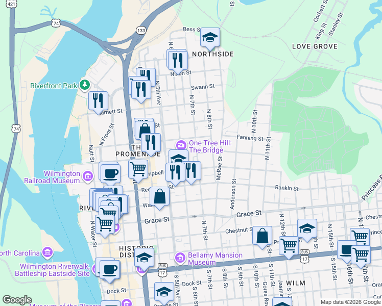 map of restaurants, bars, coffee shops, grocery stores, and more near 616 North 7th Street in Wilmington