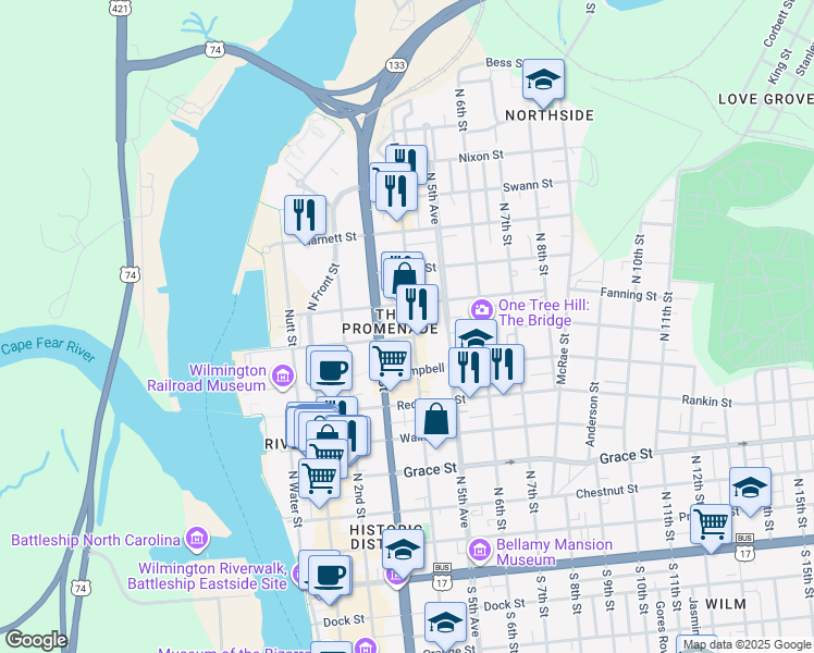 map of restaurants, bars, coffee shops, grocery stores, and more near 311 Hanover Street in Wilmington