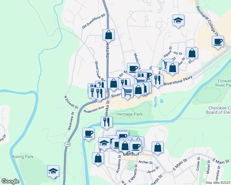 map of restaurants, bars, coffee shops, grocery stores, and more near 105 Riverstone Parkway in Canton