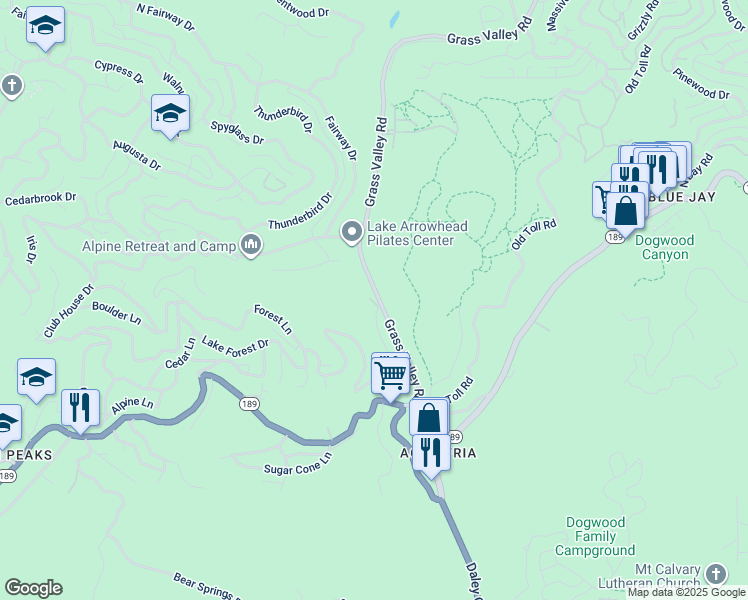 map of restaurants, bars, coffee shops, grocery stores, and more near 580 Karenken Pines Drive in Twin Peaks