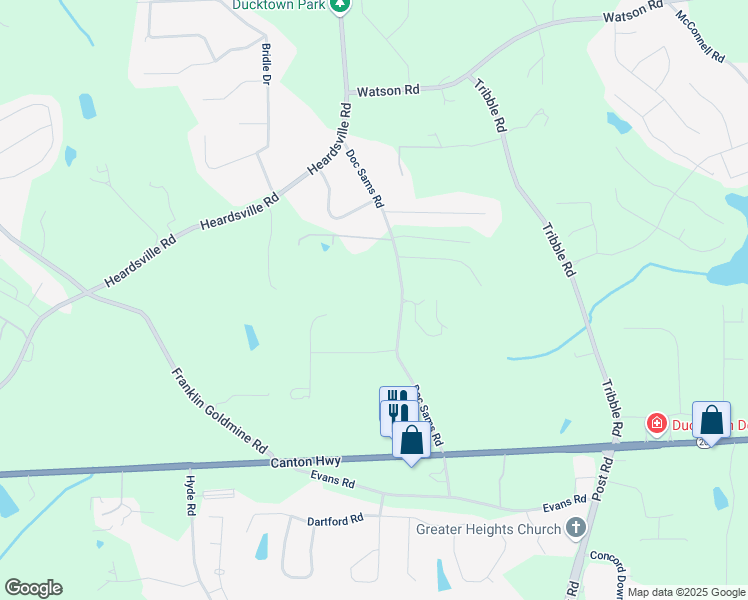 map of restaurants, bars, coffee shops, grocery stores, and more near 4175 Doc Sams Road in Cumming