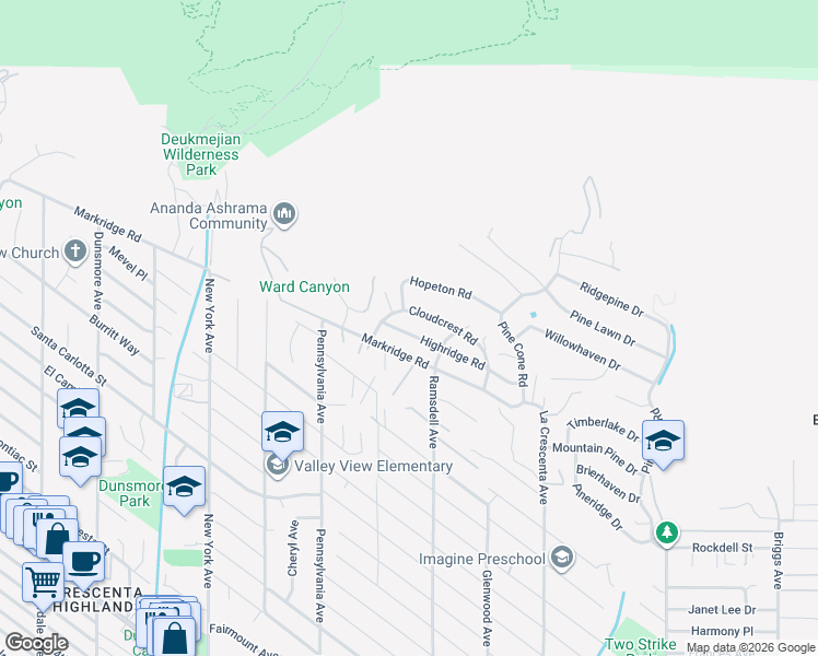 map of restaurants, bars, coffee shops, grocery stores, and more near 3035 Highridge Road in La Crescenta-Montrose
