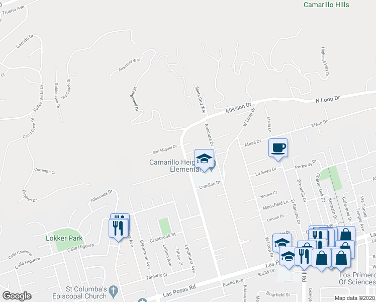 map of restaurants, bars, coffee shops, grocery stores, and more near 624 Mission Drive in Camarillo