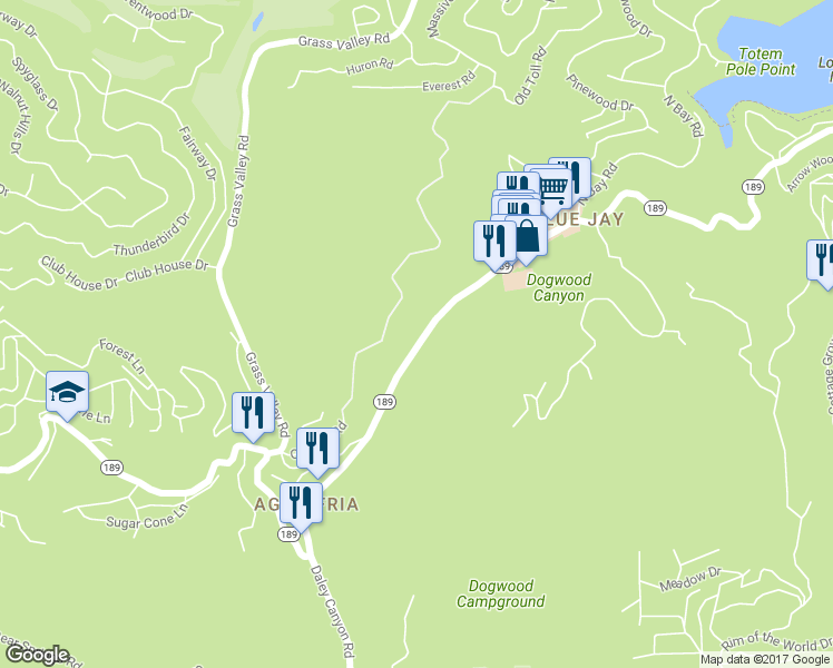 map of restaurants, bars, coffee shops, grocery stores, and more near 27036 California 189 in Lake Arrowhead