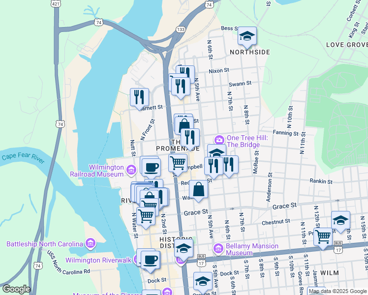 map of restaurants, bars, coffee shops, grocery stores, and more near 709 South 4th Street in Wilmington
